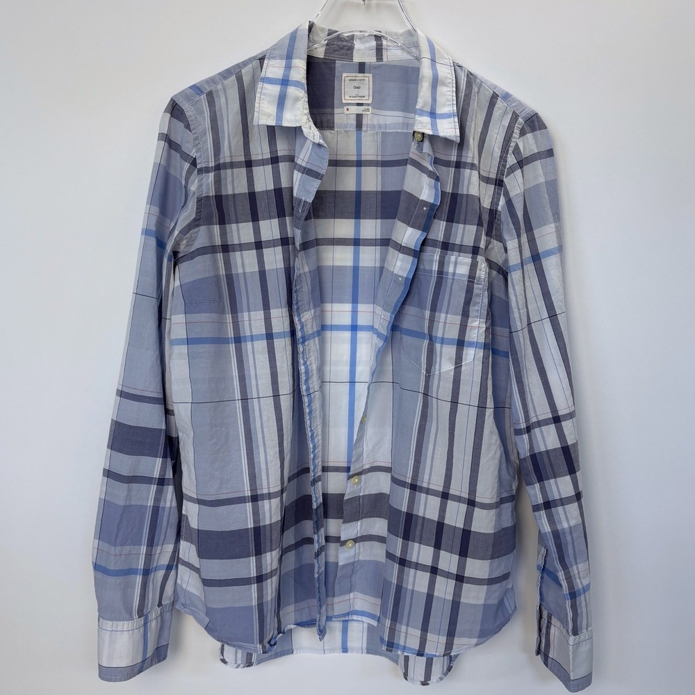 Gap Fitted Boyfriend Lightweight Ultra-Soft Airy Plaid Shirt Baby Blue M Cotton